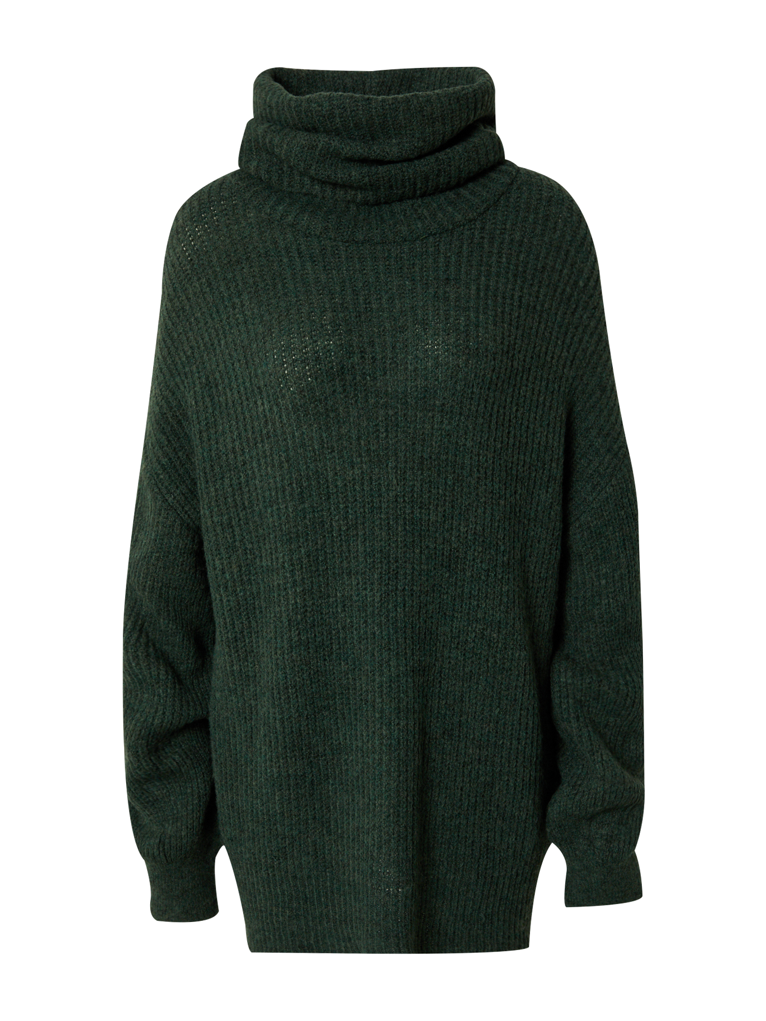 Der Pullover „Juna“ von LeGer by Lena Gercke ist auf einem schlichten weißen Hintergrund abgebildet und besteht aus einem waldgrünen Strick mit Rippstruktur, langem Schnitt, Langarm und hohem Rollkragen. Er wirkt dick, warm und bequem locker.