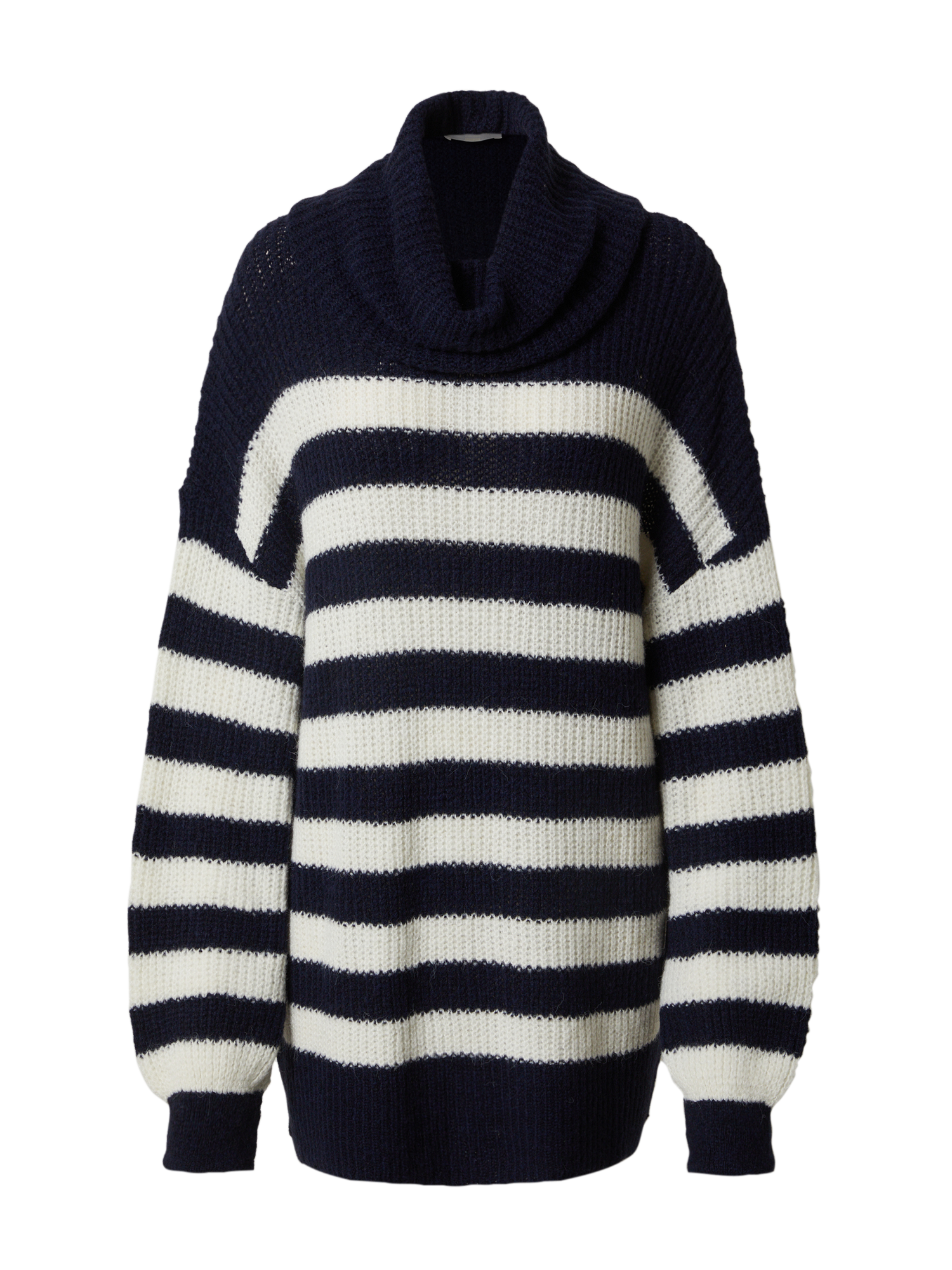 Der Pullover „Juna“ von LeGer by Lena Gercke ist ein marineblau-weiß gestreifter Pullover mit lockerem Rollkragen und langen Ärmeln. Er hat horizontale Streifen, eine lockere Passform und eine dicke Strickstruktur, sodass er perfekt ist, um es Ihnen in der Umkleidekabine oder in der Stadt gemütlich zu machen.