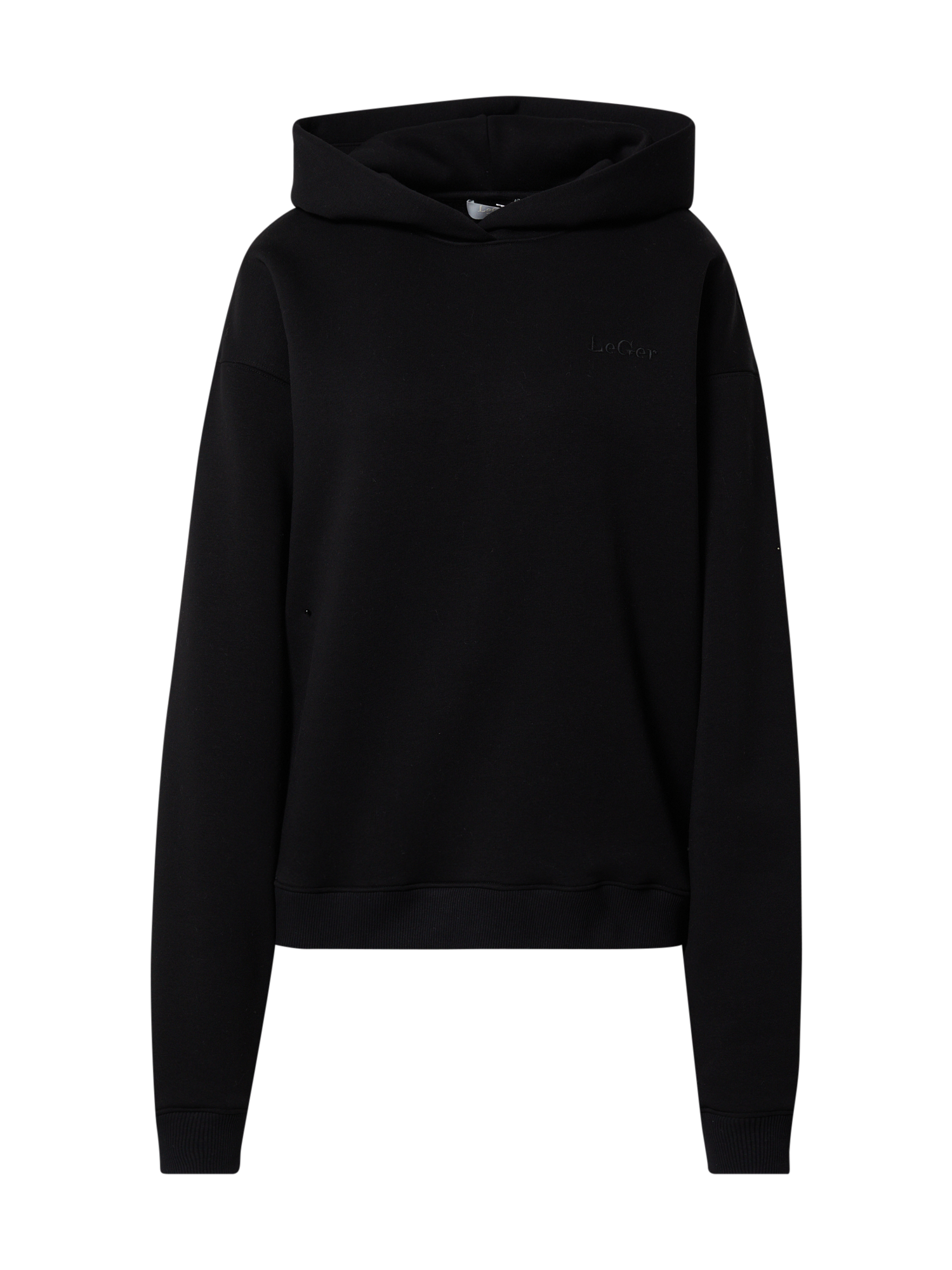 Ein schwarzes Langarm-Sweatshirt „Rieke“ mit Kapuze von LeGer by Lena Gercke mit entspannter Passform und normaler Länge. Dieses Sweatshirt besticht durch ein minimalistisches Design mit einem kleinen, dezenten Logo auf der linken Brustseite und ist damit perfekt für jede legere Umkleidekabine.