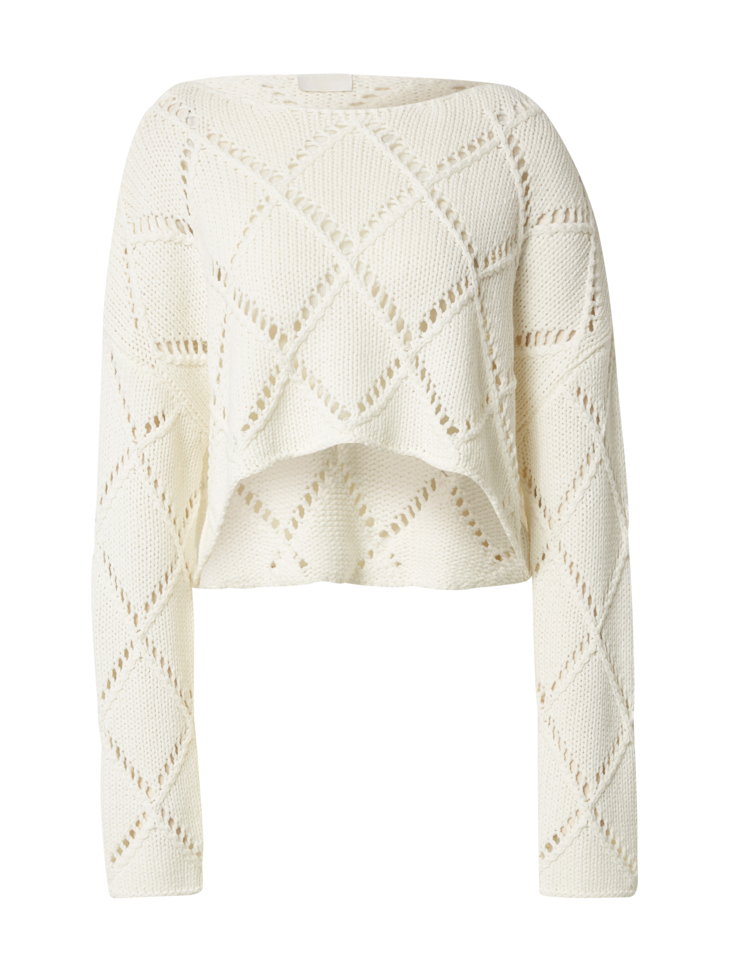 Der Briley Jumper von LeGer by Lena Gercke ist ein cremefarbener Pullover mit Rautenmuster, langen Ärmeln und leicht verkürzter Passform. Sein offenmaschiges Strickmuster sorgt für ein strukturiertes und luftiges Aussehen.