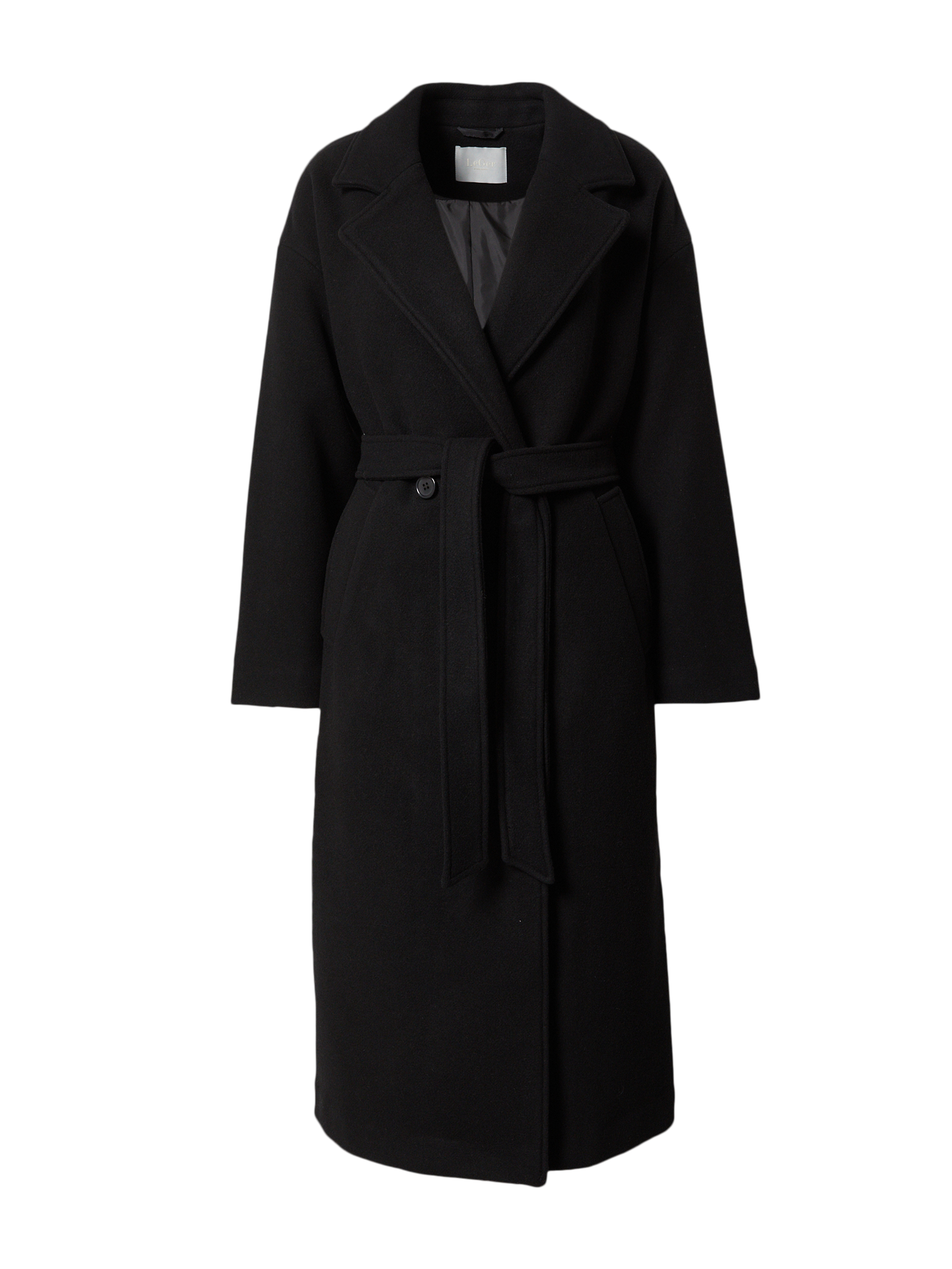 Der Dena Coat von LeGer by Lena Gercke wird elegant auf einer Schaufensterpuppe vor einem schlichten weißen Hintergrund präsentiert. Dieser lange schwarze Mantel besticht durch ein klassisches, maßgeschneidertes Design mit breitem Revers, passendem Gürtel und einem Einknopfverschluss und bietet eine tadellose Passform für alle, die zeitlose Mode schätzen.