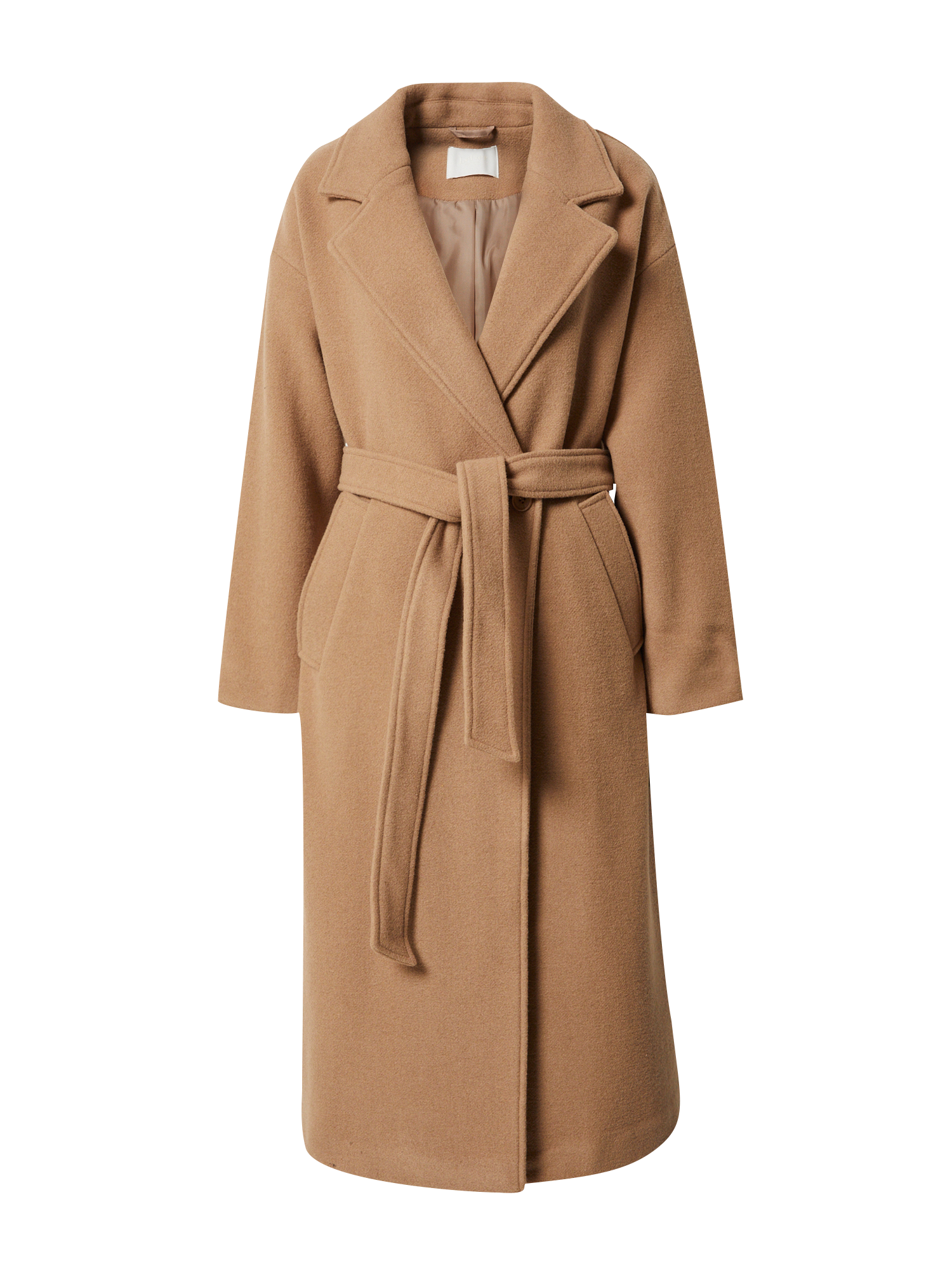 Der Dena Coat von LeGer by Lena Gercke ist ein hellbrauner, knielanger Wollmantel mit Reverskragen und Gürtel in der Taille, der ein schlichtes und minimalistisches Design bietet. Mit seinen Langarmärmeln und einer Passform, die Komfort garantiert, wird dieser elegant gestylte Mantel vor einem weißen Hintergrund zur Geltung gebracht.