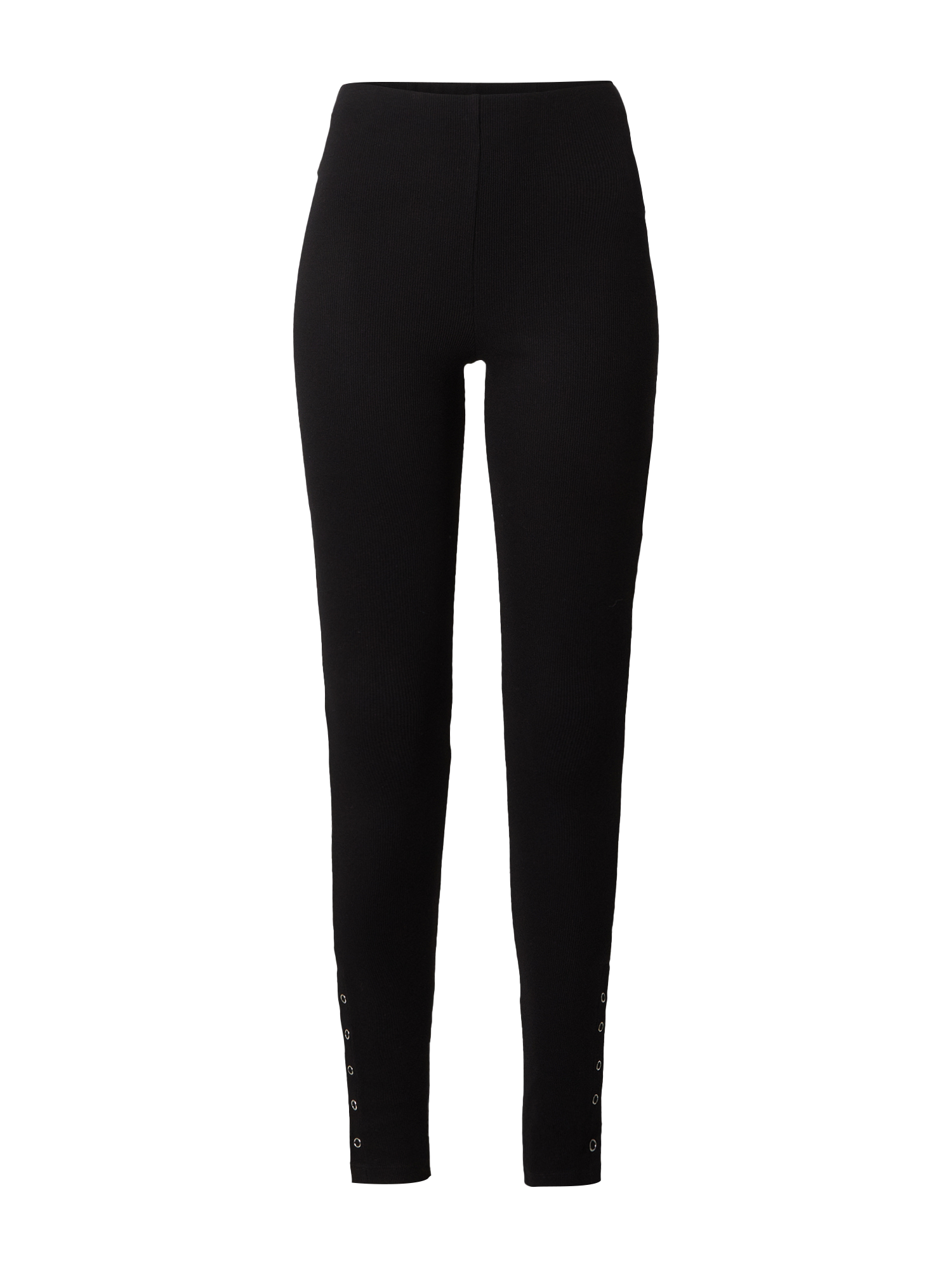 Eine hoch taillierte, schmal geschnittene schwarze Hose mit Knopfleiste an den unteren Außenseiten der Beine, bekannt als Leggings „Colleen“ von LeGer by Lena Gercke. Der Stoff scheint dehnbar zu sein und sorgt so für eine schmeichelhafte Passform. Diese Hose hat ein schlankes, modernes Design.