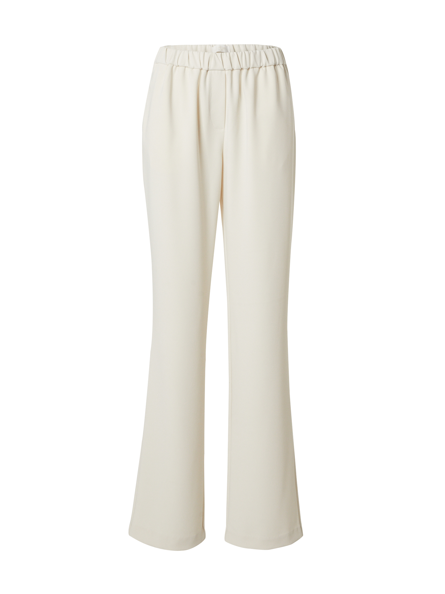 Eine cremefarbene Hose mit hoher Taille, entworfen von LeGer by Lena Gercke, bekannt als Hose „Aylin Tall“. Diese Hose hat einen elastischen Bund und eine lockere Passform mit geradem Beindesign, was einen lässigen und dennoch eleganten Look erzeugt. Das Material scheint leicht und bequem zu sein.